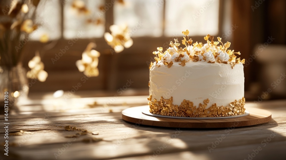 Golden cake, rustic kitchen, sunlit window Golden cake, rustic kitchen, sunlit window