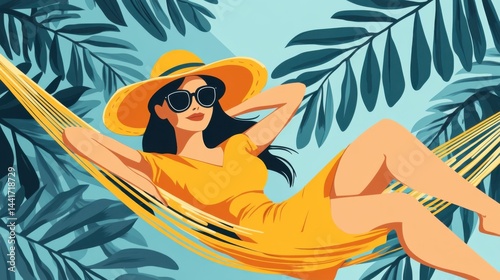 A woman in a sun hat and sunglasses relaxing on a hammock under swaying palm trees.