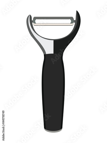 Black and silver vegetable peeler with ergonomic handle isolated on white background