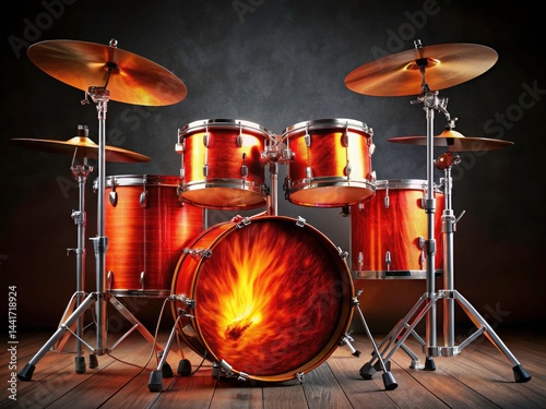 3D Rendered Red Flame Textured Drums - Front View, Rule of Thirds Composition