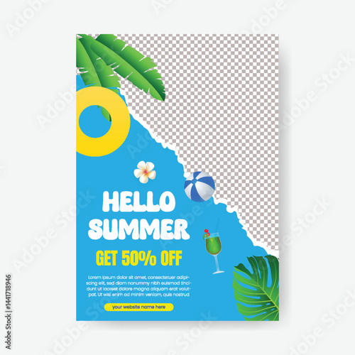 Editable print flyer or poster for summer sale, tropical summer beach pool party a4 size vertical poster design with tropical summer vector background, summer Holiday and tour poster or flyer