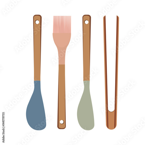 Set of wooden kitchen utensils including spatula, tongs, and brush isolated
