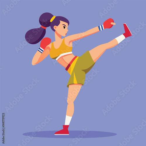 Woman boxing. Female fighter in boxing gloves practices kick, punching and hitting. Strong girl athlete at sports training or workout. Flat vector illustration isolated on background