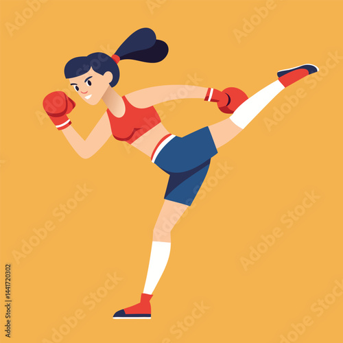 Woman boxing. Female fighter in boxing gloves practices kick, punching and hitting. Strong girl athlete at sports training or workout. Flat vector illustration isolated on background