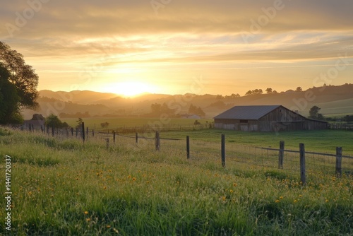 Farm Country. Sunrise Landscape with House, Barn, and Field photo