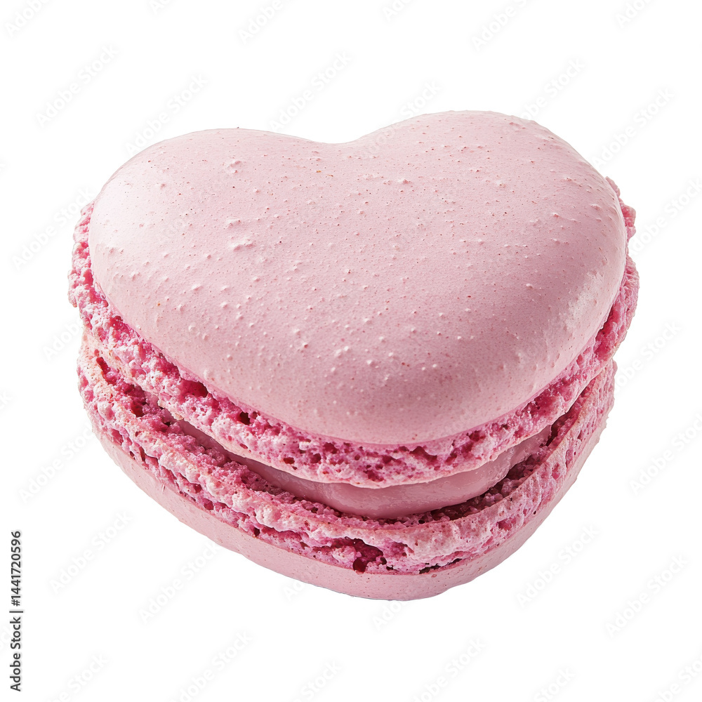 A close up of a heart shaped pink macaron dessert on a black background in a studio setting A close up of a heart shaped pink macaron dessert on a black background in a studio setting