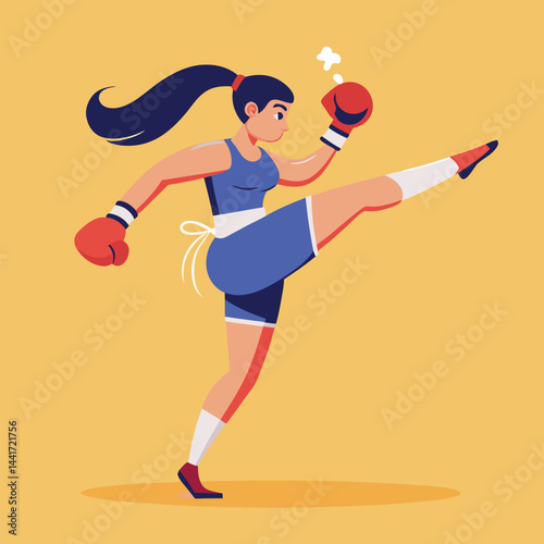 Woman boxing. Female fighter in boxing gloves practices kick, punching and hitting. Strong girl athlete at sports training or workout. Flat vector illustration isolated on background