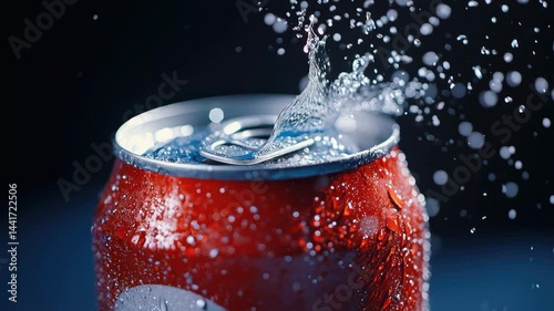 Cold red soda can water splash condensation cold drink refreshing beverage close up macro photography with metallic texture, carbonated fizzy splash, thirst quenching, ice cold droplets