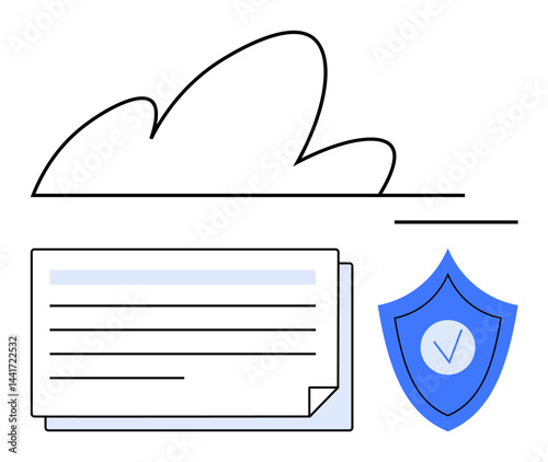 Cloud silhouette, document icon with text lines and stack, blue shield with checkmark. Ideal for data storage, security, trust, privacy, cloud computing, cybersecurity simple landing page