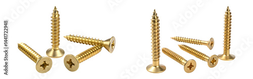 Golden wood screws close-up - fasteners for carpentry and construction on transparent background