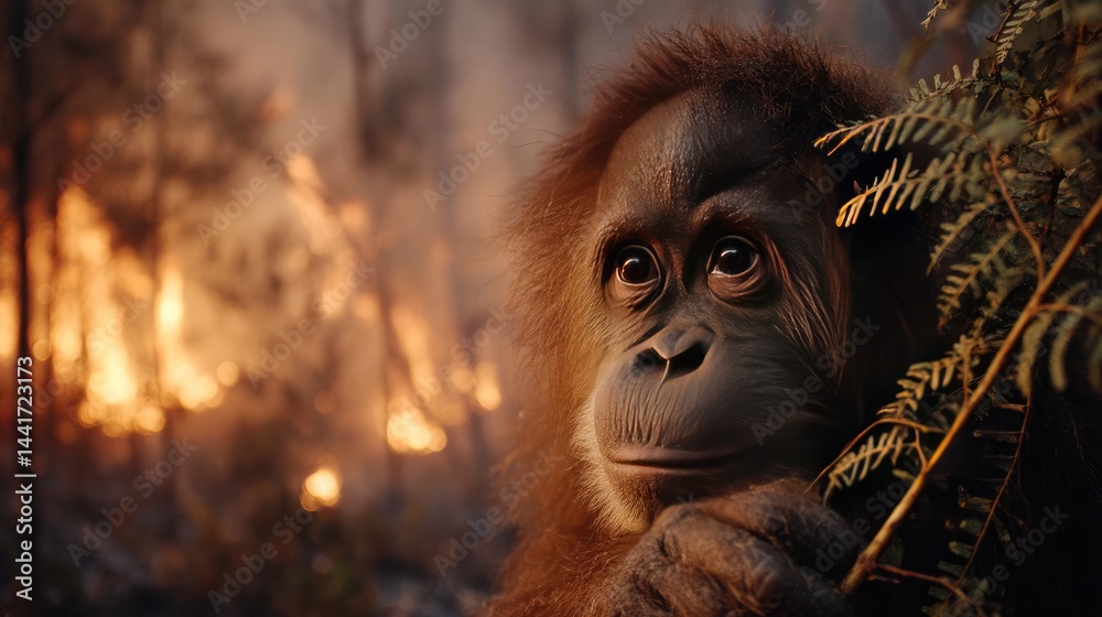 Fototapeta premium Double exposure orangutan with burning jungle in wildlife concept. Orangutan in the wild, observing the effects of a forest fire.