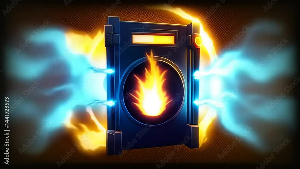 A mystical portal emitting blue and orange flames, set against a dark background with glowing effects