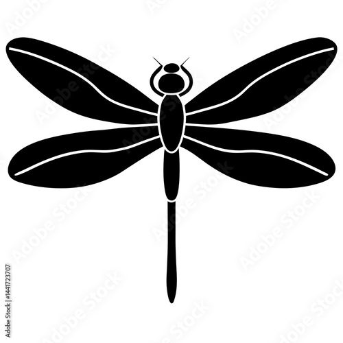 Minimalist and detailed black silhouette of a dragonfly in flight