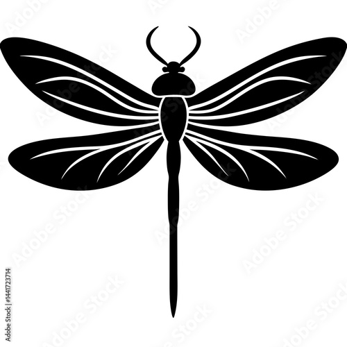 Minimalist and detailed black silhouette of a dragonfly in flight