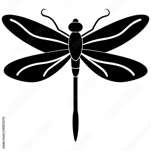 Minimalist and detailed black silhouette of a dragonfly in flight