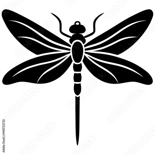 Minimalist and detailed black silhouette of a dragonfly in flight