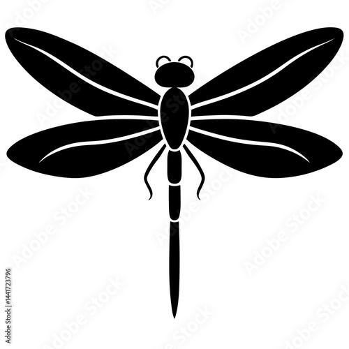 Minimalist and detailed black silhouette of a dragonfly in flight