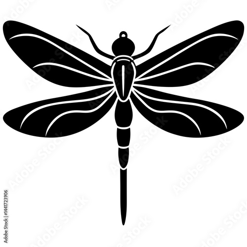 Minimalist and detailed black silhouette of a dragonfly in flight