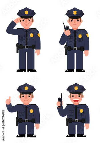 Set of 4 simple flat design police characters with distinct poses and expressions, colorful uniforms, minimalist style, and white background.