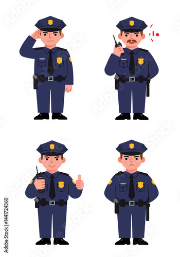Set of 4 simple flat design police characters with distinct poses and expressions, colorful uniforms, minimalist style, and white background.