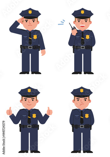 Set of 4 simple flat design police characters with distinct poses and expressions, colorful uniforms, minimalist style, and white background.