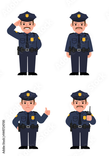 Set of 4 simple flat design police characters with distinct poses and expressions, colorful uniforms, minimalist style, and white background.