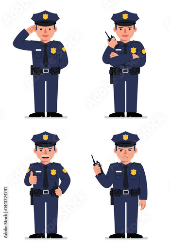 Set of 4 simple flat design police characters with distinct poses and expressions, colorful uniforms, minimalist style, and white background.