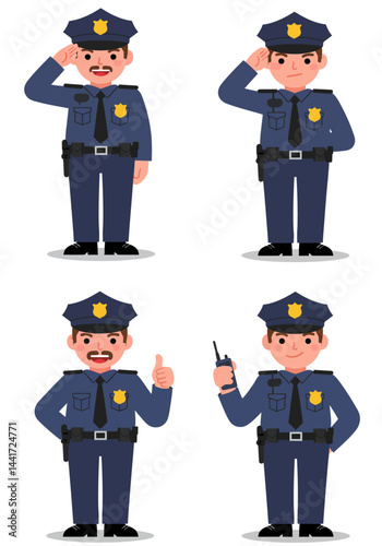 Set of 4 simple flat design police characters with distinct poses and expressions, colorful uniforms, minimalist style, and white background.