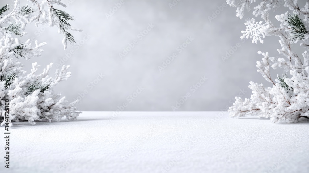 Fototapeta premium Empty snow covered surface framed by frosty pine branches against a soft grey background for product presentation.
