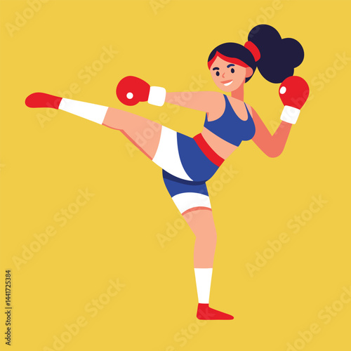 Woman boxing. Female fighter in boxing gloves practices kick, punching and hitting. Strong girl athlete at sports training or workout. Flat vector illustration isolated on background