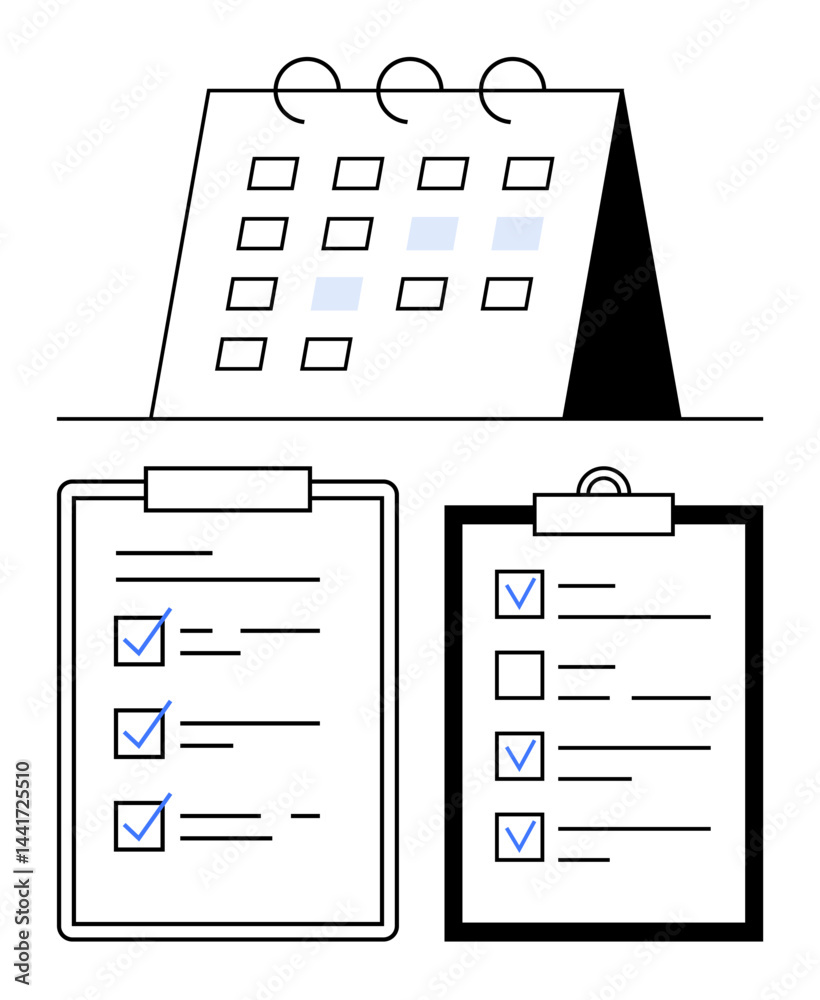 Desk calendar with highlighted dates and two clipboards displaying completed tasks and pending items. Ideal for time management, organization, productivity, workflow, business planning, deadlines Desk calendar with highlighted dates and two clipboards displaying completed tasks and pending items. Ideal for time management, organization, productivity, workflow, business planning, deadlines