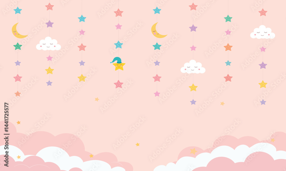 Flat design illustration of baby-themed clouds in a soft, pastel sky background, evoking calmness, innocence, and a dreamy atmosphere Flat design illustration of baby-themed clouds in a soft, pastel sky background, evoking calmness, innocence, and a dreamy atmosphere