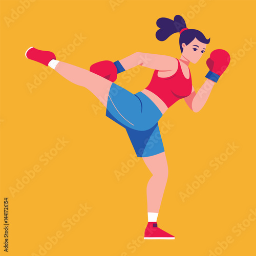 Woman boxing. Female fighter in boxing gloves practices kick, punching and hitting. Strong girl athlete at sports training or workout. Flat vector illustration isolated on background