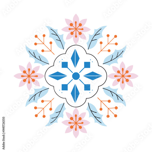 Winter floral mandala with holly accents