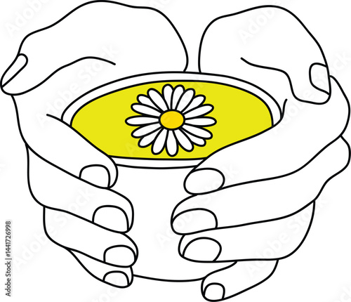Vector cartoon illustration. Logo design template for advertising, posters and banners, simple illustrations with hands holding herbal tea cup with chamomile flower.