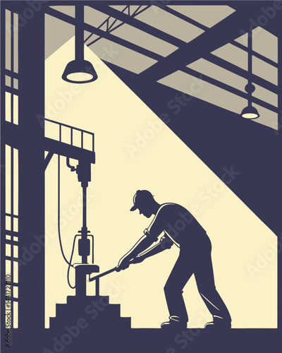 A silhouette of a factory worker operating a machine, with harsh shadows cast by overhead lights.

