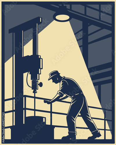 A silhouette of a factory worker operating a machine, with harsh shadows cast by overhead lights.

