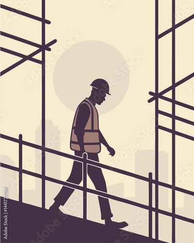 Silhouette of a construction worker walking across scaffolding, the early morning sun illuminating the scene.

