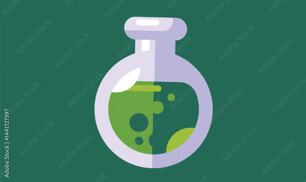 Obraz premium Flat design illustration of a chemical tube bottle filled with a green Halloween potion, symbolizing magic, alchemy, and spooky fun in a playful and creative seasonal style.