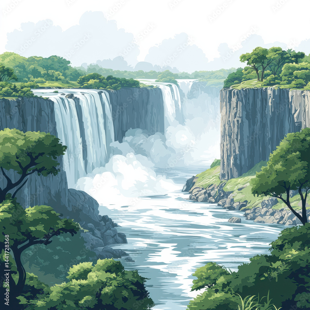 Naklejka premium serene illustration of Victoria Falls with lush greenery and cascading water