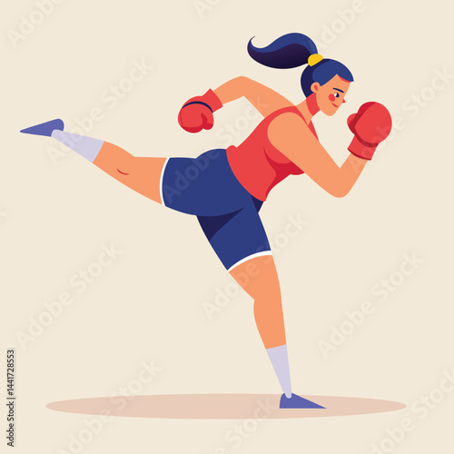 Woman boxing. Female fighter in boxing gloves practices kick, punching and hitting. Strong girl athlete at sports training or workout. Flat vector illustration isolated on background