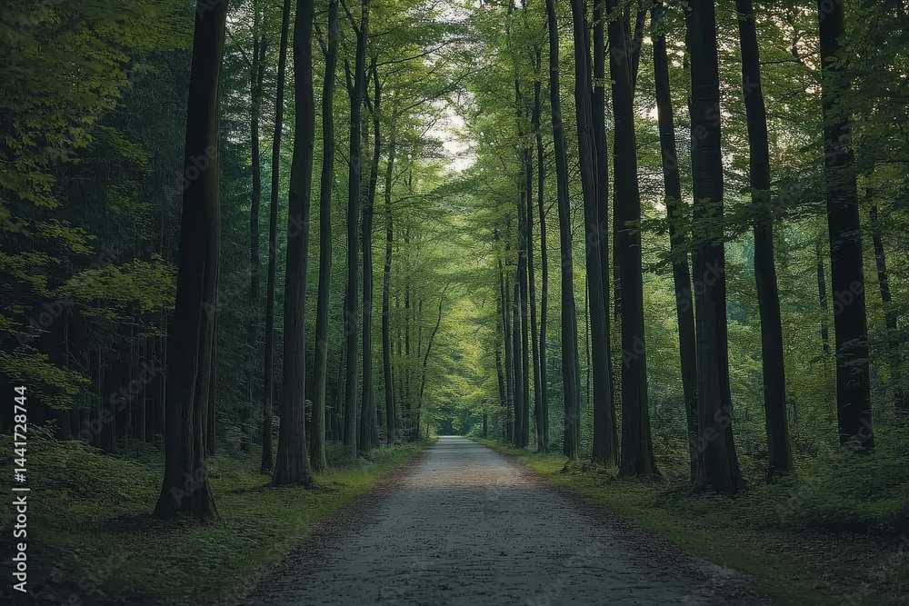 Fototapeta premium Forest path through tall beech trees in Dutch nature park, surrounded by greenery, creating an enchanting and serene atmosphere