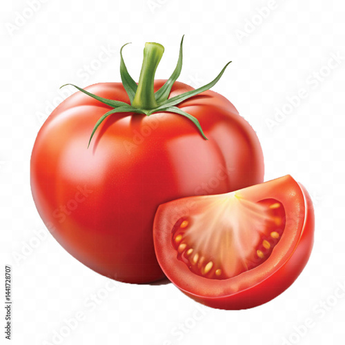 realistic 3d red tomato and slice isolated on  transparent background
