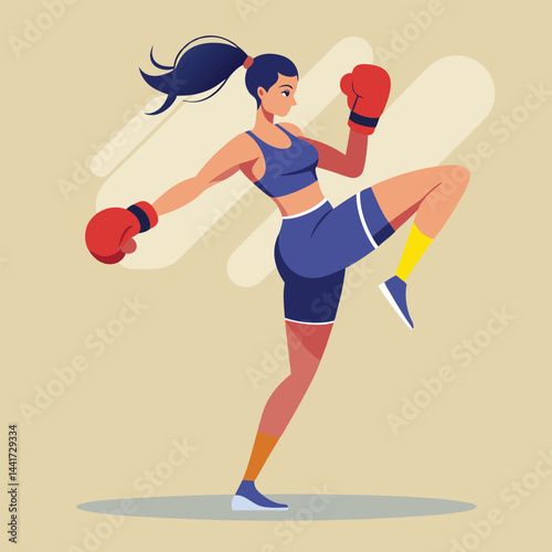 Woman boxing. Female fighter in boxing gloves practices kick, punching and hitting. Strong girl athlete at sports training or workout. Flat vector illustration isolated on background