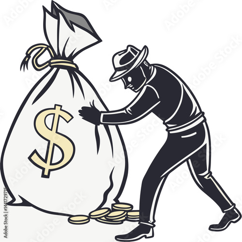 3D illustration of a thief stealing from a money bag, representing financial risk, theft, fraud, and illegal activities in economic settings