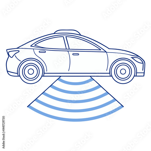 3D vector of a self-driving car using AI sensor waves to detect surroundings, representing autonomous driving technology and transportation innovation