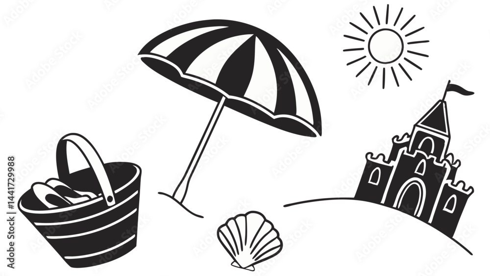 Summer beach silhouettes featuring a sun, sandcastle, and parasol, perfect for beach-themed designs