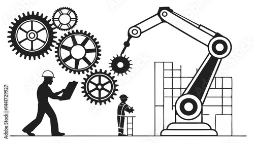 Silhouettes of robotics engineering, featuring mechanical arms and workers interacting with machinery in a futuristic setting