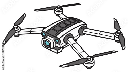 Vector of a robotic drone with folding arms and camera, symbolizing future tech, portability, smart drone design and modern aerial surveillance