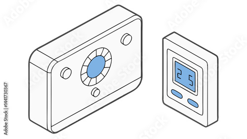 Isometric vector illustration of a smart thermostat setup with wall-mounted units and wireless digital controls designed for automated home systems